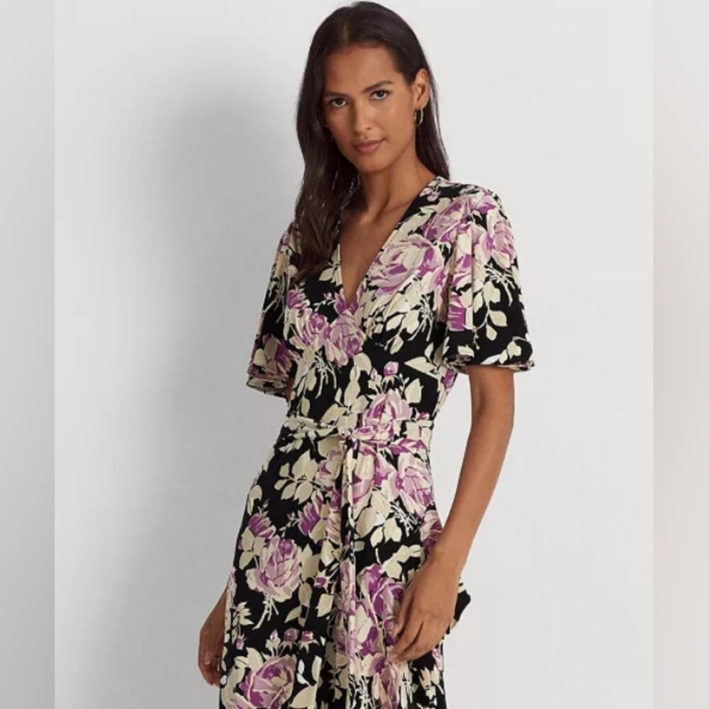 Ralph Lauren Floral Faux Wrap Hi Low V-Neck Wedding Guest Dress